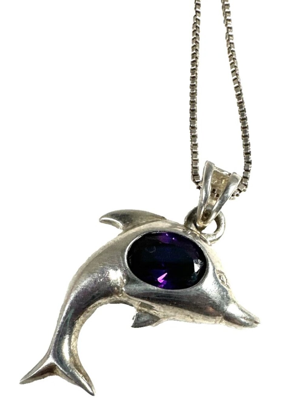 GENUINE AMETHYST STONE DOLPHIN SILVER PENDANT NECKLACE